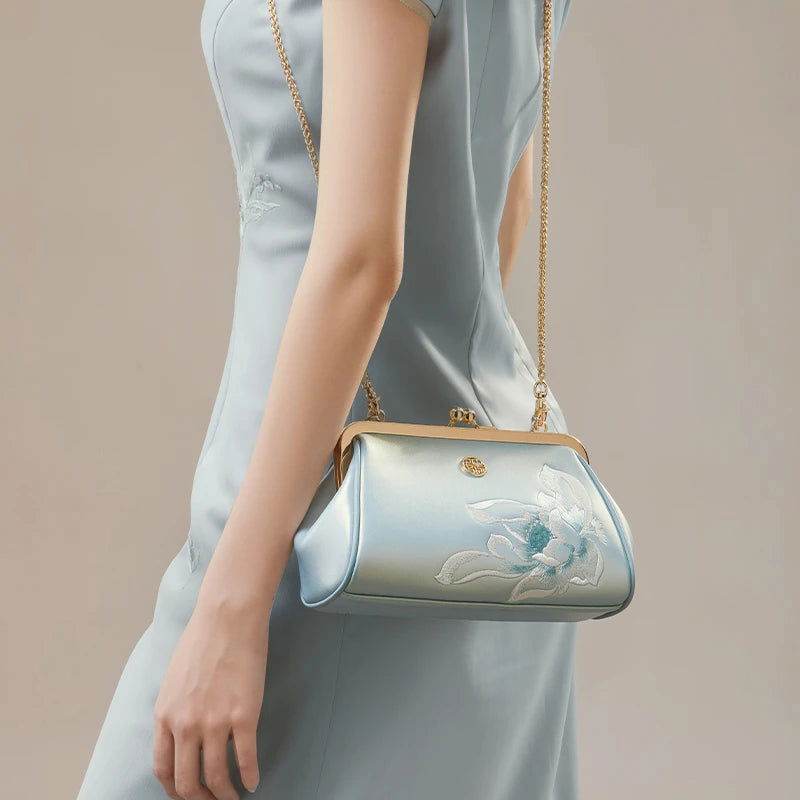 Embroidery Leather Kiss Lock Clutch Bag Lotus Evening Handbag - SinoCultural -- P220251