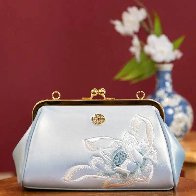 Embroidery Leather Kiss Lock Clutch Bag Lotus Evening Handbag - SinoCultural -- P220251