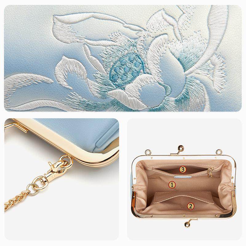 Embroidery Leather Kiss Lock Clutch Bag Lotus Evening Handbag - SinoCultural -- P220251