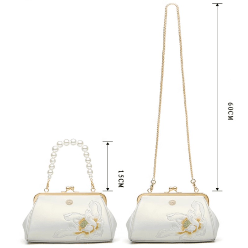 Embroidery Leather Kiss Lock Clutch Bag Lotus Evening Handbag - SinoCultural -- P220251