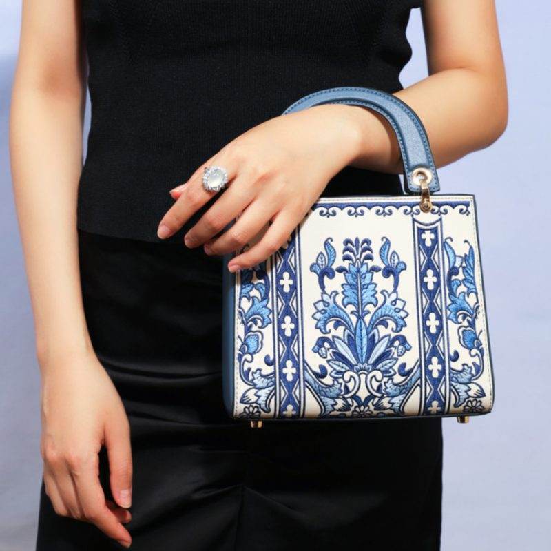 Handcrafted Embroidery Leather Handbag Blue and White Porcelain - SinoCultural -- CXXB048B