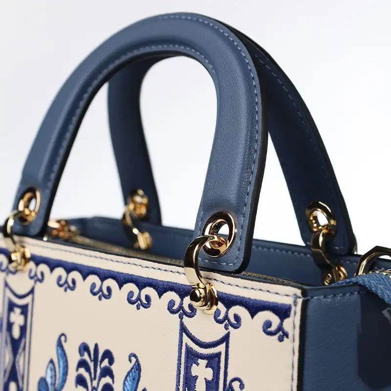 Handcrafted Embroidery Leather Handbag Blue and White Porcelain - SinoCultural -- CXXB048B