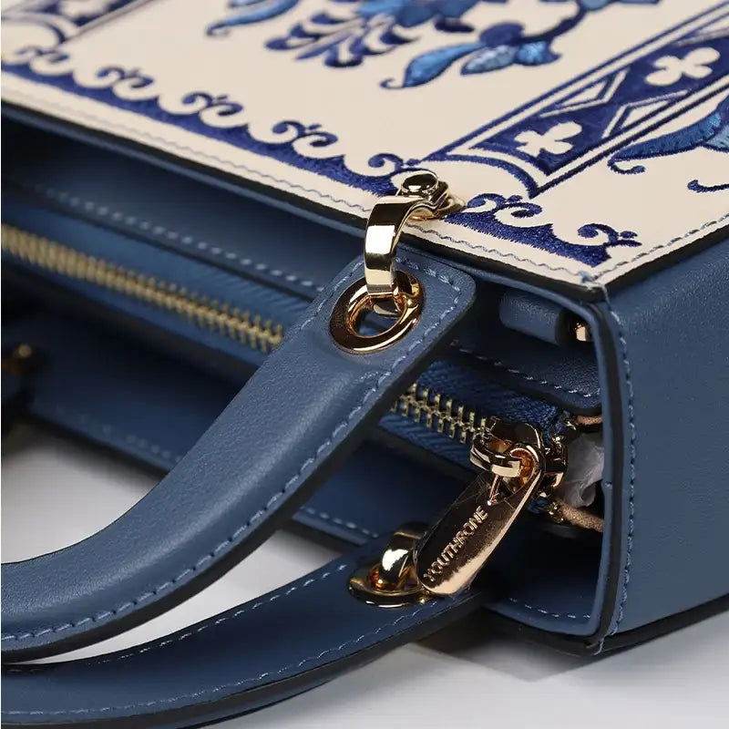 Handcrafted Embroidery Leather Handbag Blue and White Porcelain - SinoCultural -- CXXB048B