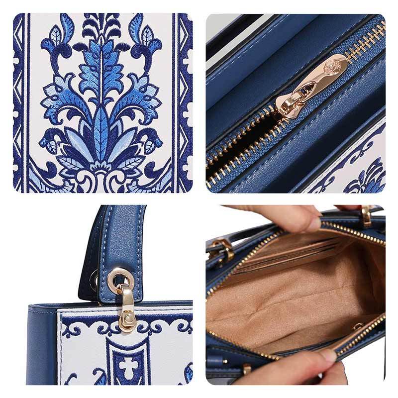 Handcrafted Embroidery Leather Handbag Blue and White Porcelain - SinoCultural -- CXXB048B