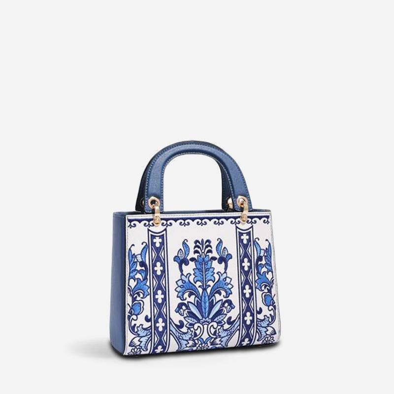 Handcrafted Embroidery Leather Handbag Blue and White Porcelain - SinoCultural -- CXXB048B