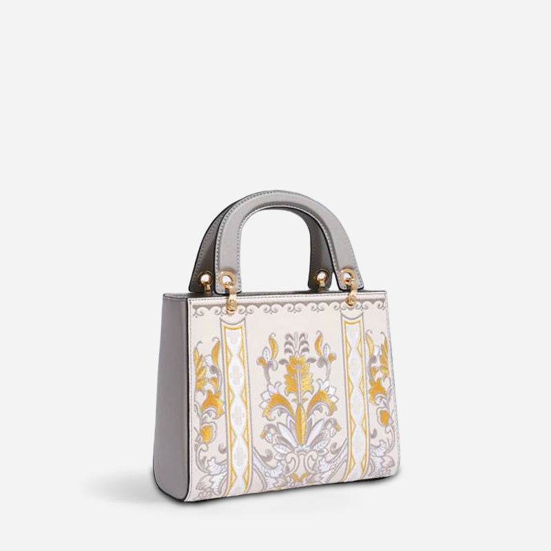 Handcrafted Embroidery Leather Handbag Blue and White Porcelain - SinoCultural -- CXXB048B