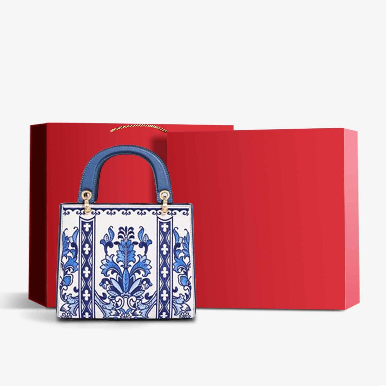 Handcrafted Embroidery Leather Handbag Blue and White Porcelain - SinoCultural -- CXXB048B