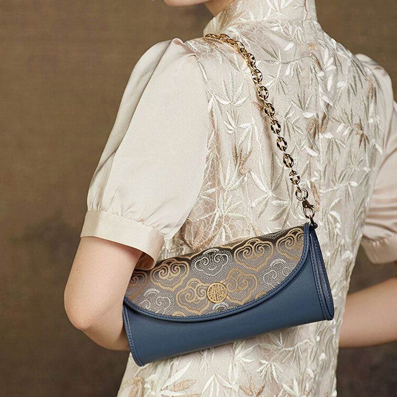 Embroidery Leather Clutch Bag Auspicious Cloud Designer Handbag - SinoCultural -- SC1601-R1