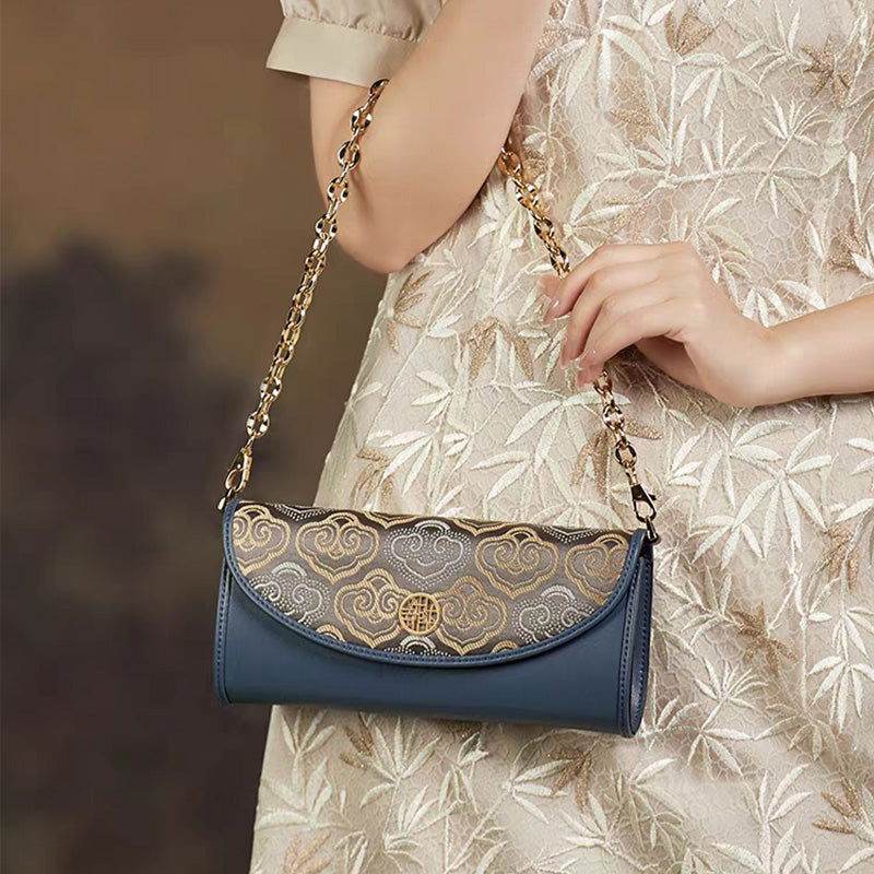 Embroidery Leather Clutch Bag Auspicious Cloud Designer Handbag - SinoCultural -- SC1601-R1
