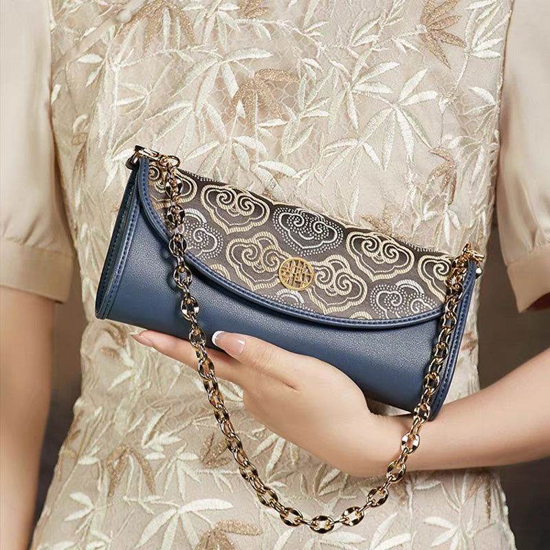 Embroidery Leather Clutch Bag Auspicious Cloud Designer Handbag - SinoCultural -- SC1601-R1