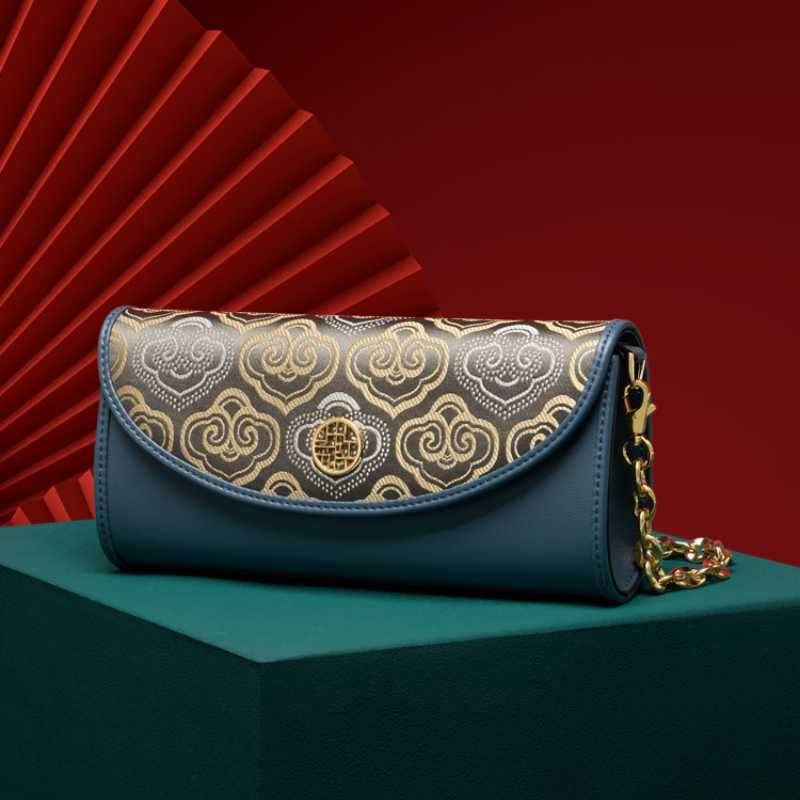 Embroidery Leather Clutch Bag Auspicious Cloud Designer Handbag - SinoCultural -- SC1601-R1