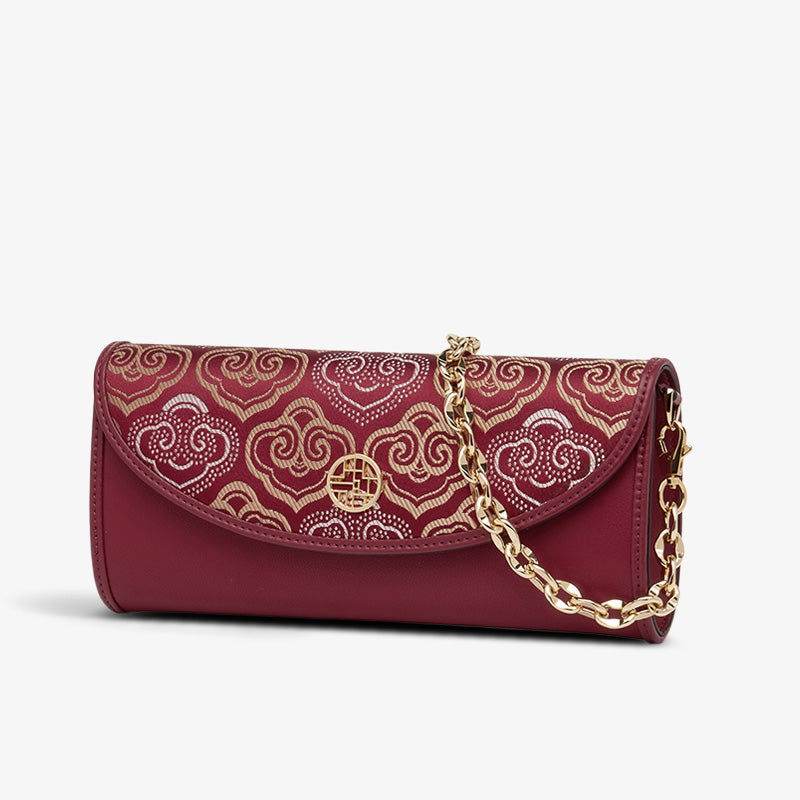 Embroidery Leather Clutch Bag Auspicious Cloud Designer Handbag - SinoCultural -- SC1601-R1