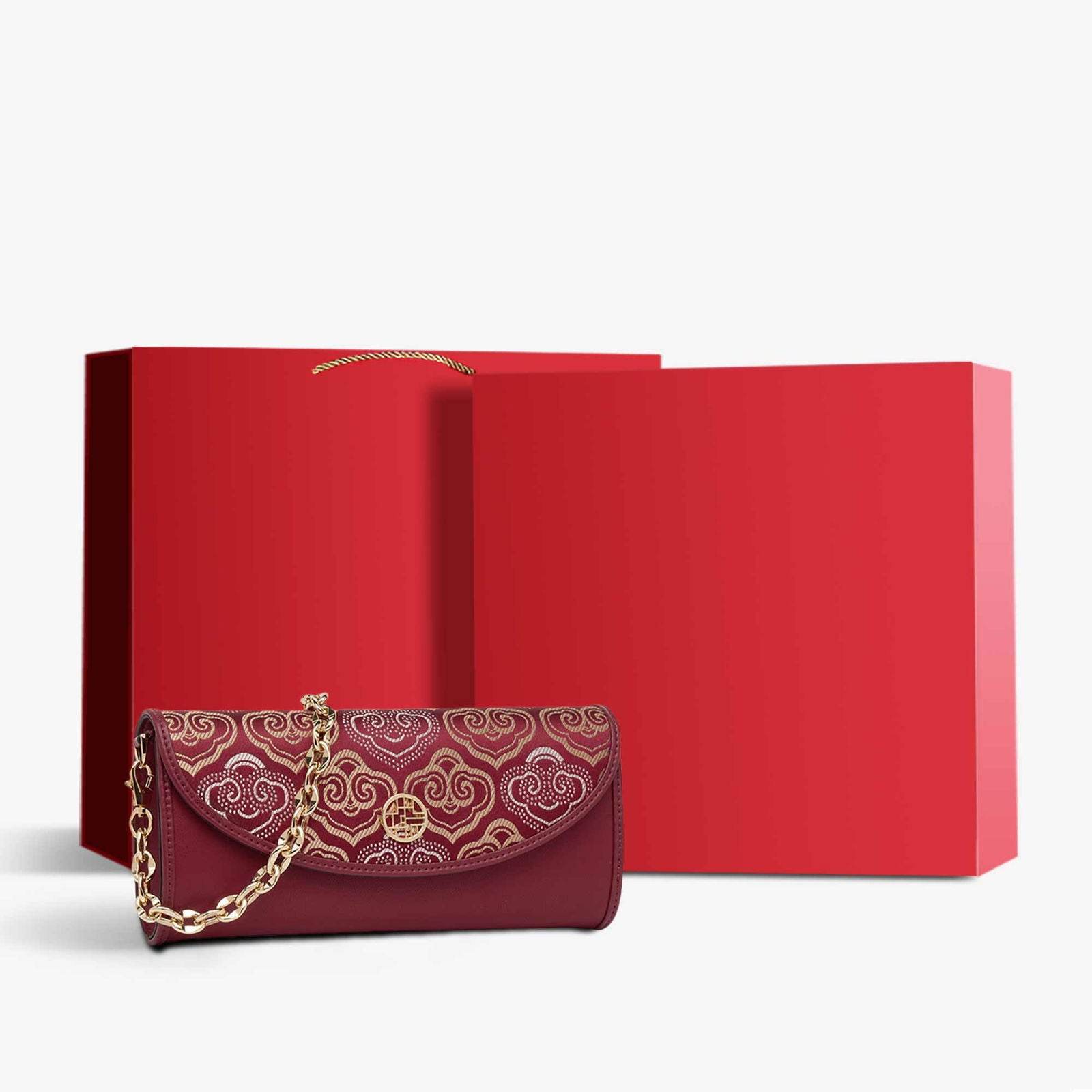 Embroidery Leather Clutch Bag Auspicious Cloud Designer Handbag - SinoCultural -- SC1601-R1