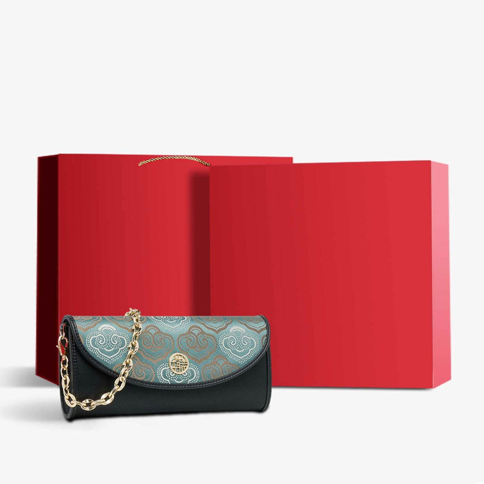 Embroidery Leather Clutch Bag Auspicious Cloud Designer Handbag - SinoCultural -- SC1601-R1