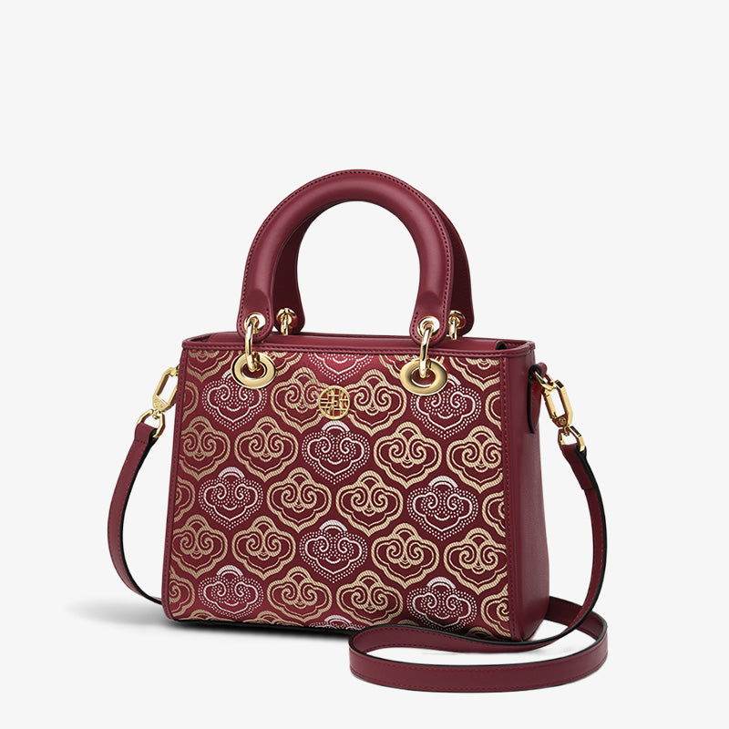 Embroidery Leather Crossbody Bag Auspicious Clouds Handbag - SinoCultural -- SC1602-R1