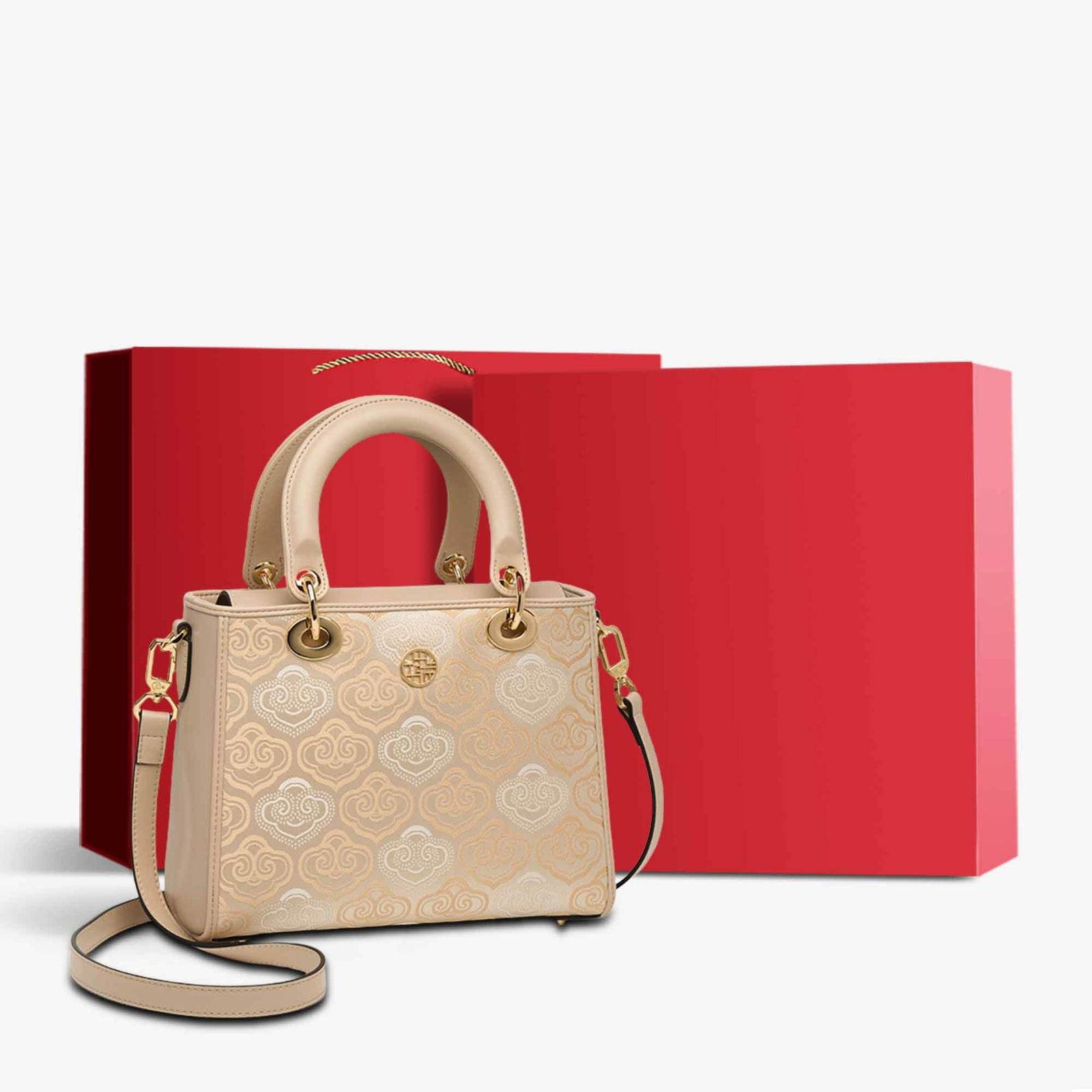 Embroidery Leather Crossbody Bag Auspicious Clouds Handbag - SinoCultural -- SC1602-R1