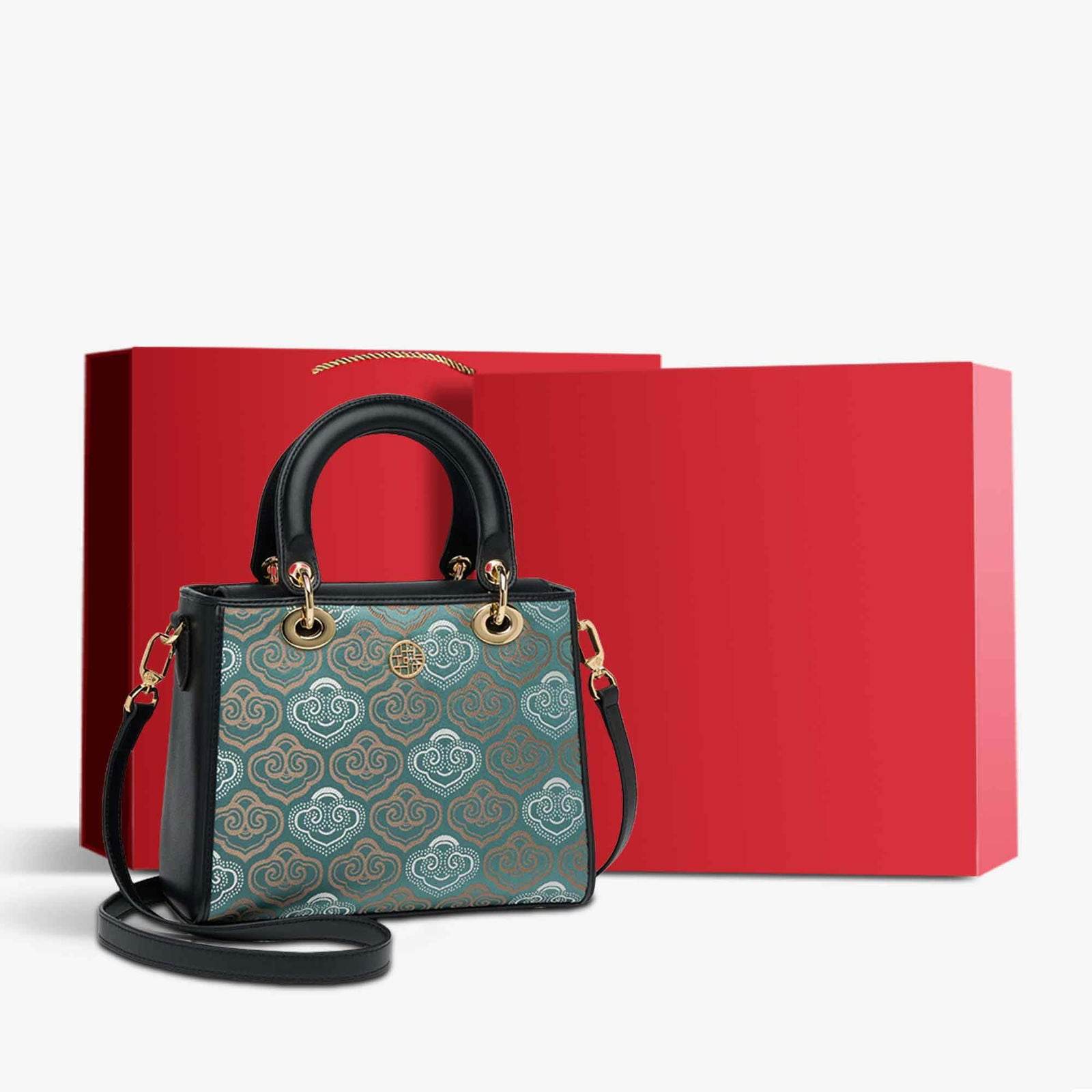 Embroidery Leather Crossbody Bag Auspicious Clouds Handbag - SinoCultural -- SC1602-R1