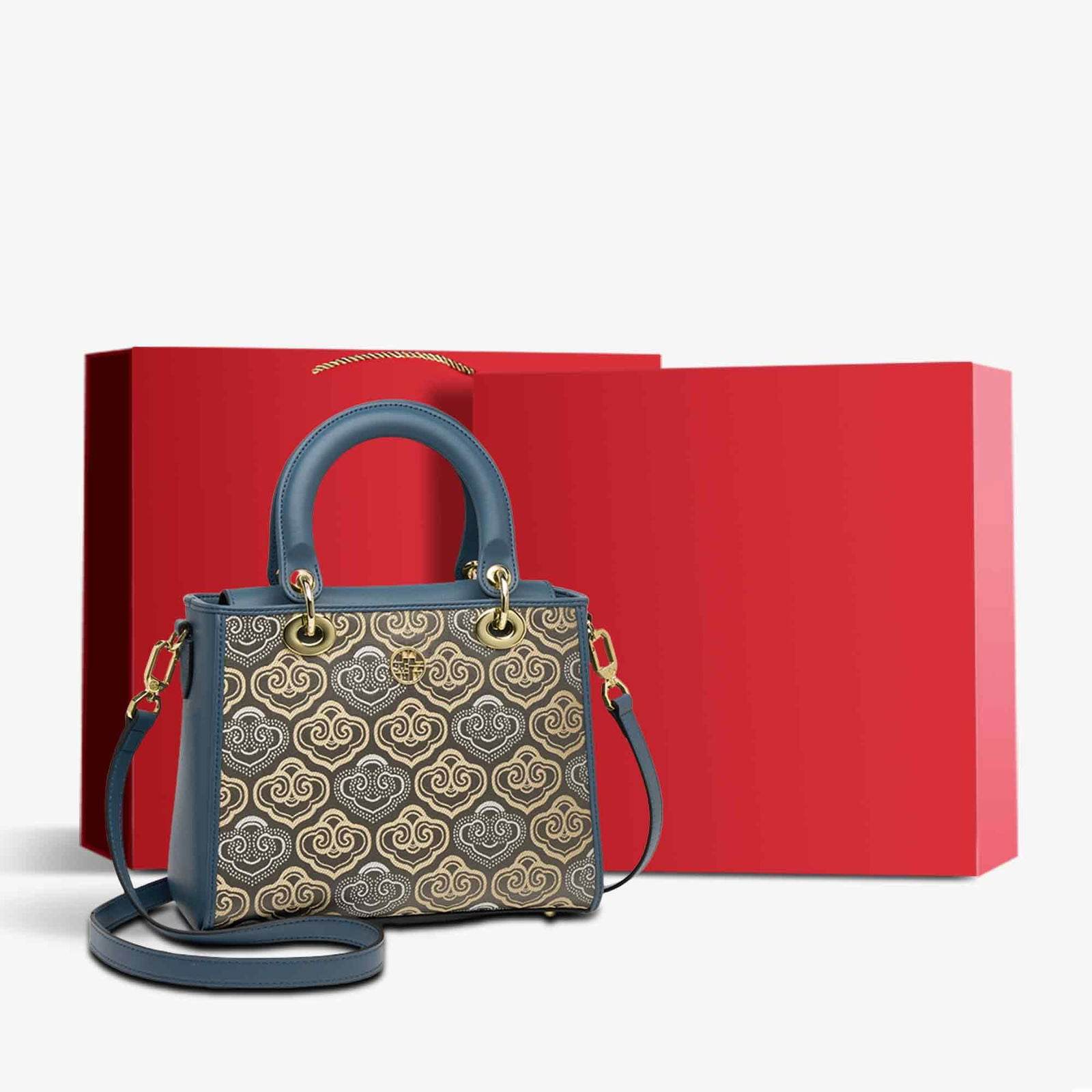Embroidery Leather Crossbody Bag Auspicious Clouds Handbag - SinoCultural -- SC1602-R1