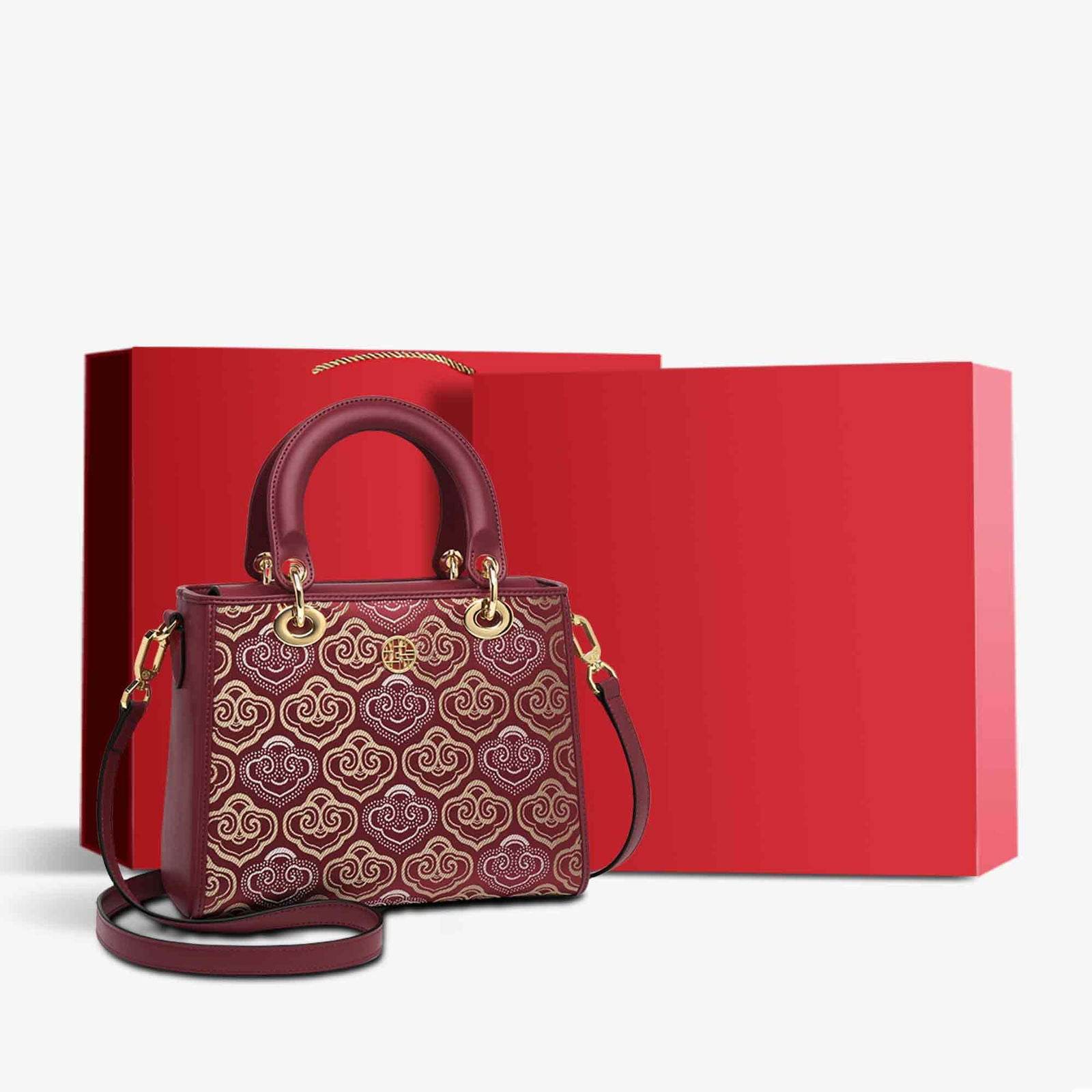 Embroidery Leather Crossbody Bag Auspicious Clouds Handbag - SinoCultural -- SC1602-R1