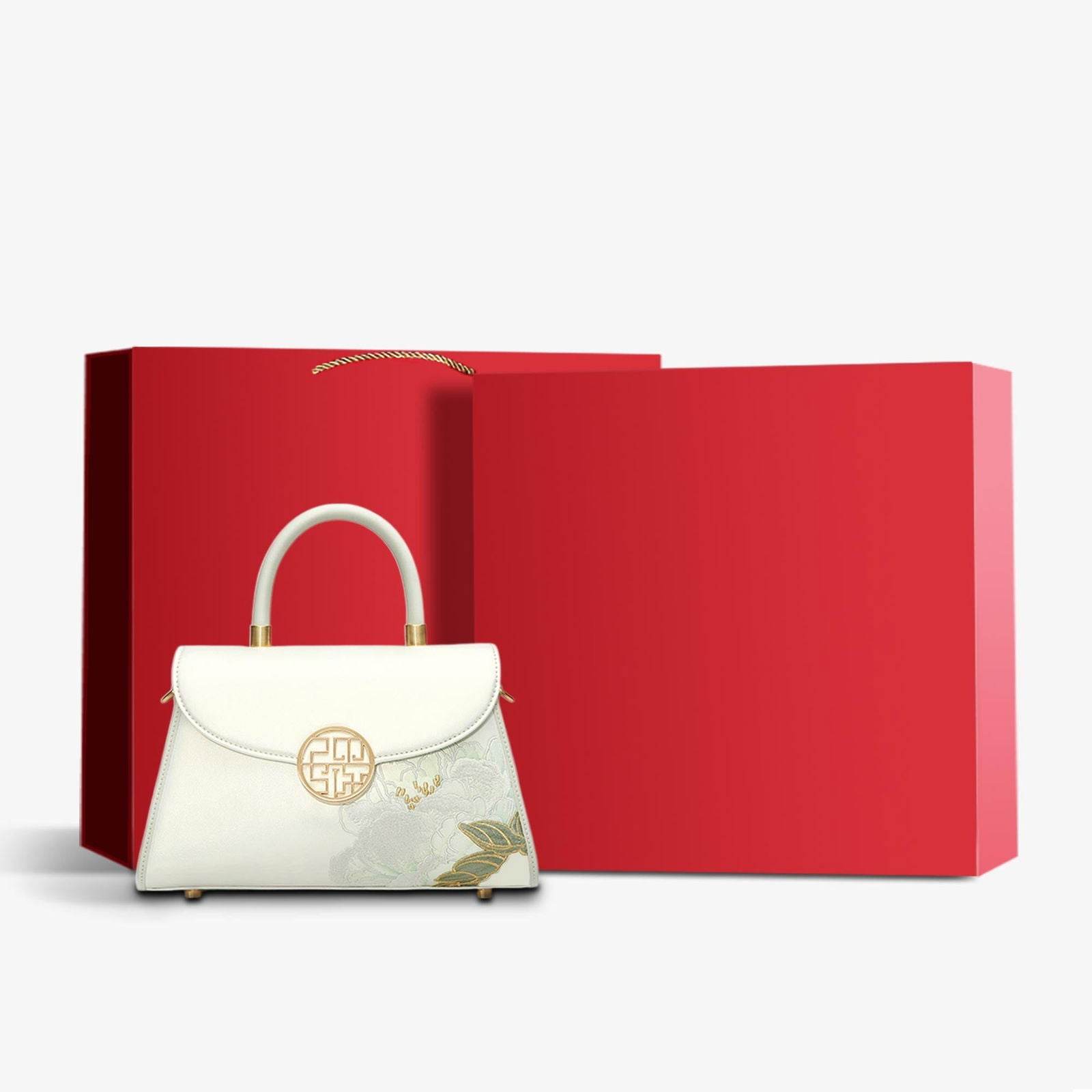 Embroidery Leather White Crossbody Bag Hibiscus Women Handbag - SinoCultural -- P120557