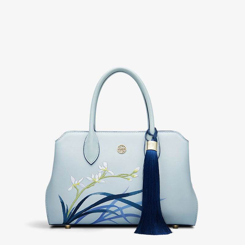 Embroidery Leather Crossbody Tote Bag Blue Orchid Handbag - SinoCultural -- P120609