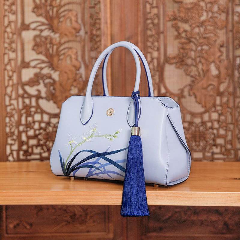 Embroidery Leather Crossbody Tote Bag Blue Orchid Handbag - SinoCultural -- P120609