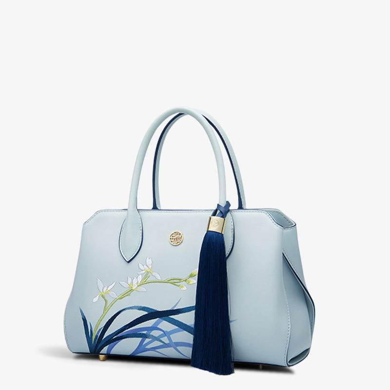 Embroidery Leather Crossbody Tote Bag Blue Orchid Handbag - SinoCultural -- P120609