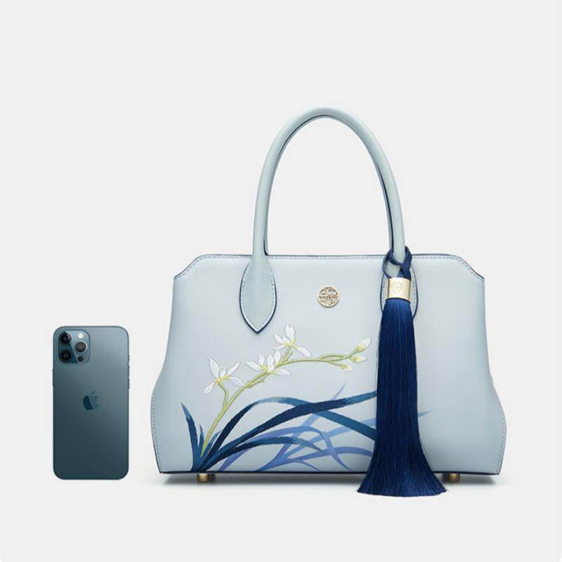 Embroidery Leather Crossbody Tote Bag Blue Orchid Handbag - SinoCultural -- P120609