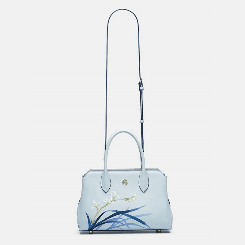Embroidery Leather Crossbody Tote Bag Blue Orchid Handbag - SinoCultural -- P120609