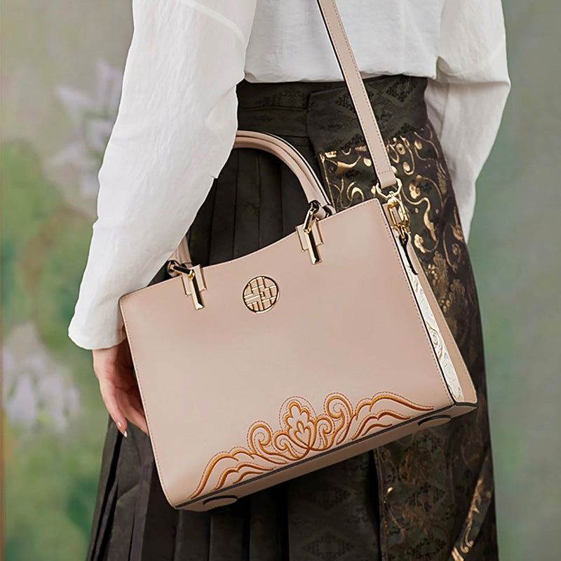 Embroidery Leather Crossbody Tote Bag Chinese Style Handbag - SinoCultural -- SC1709-D5