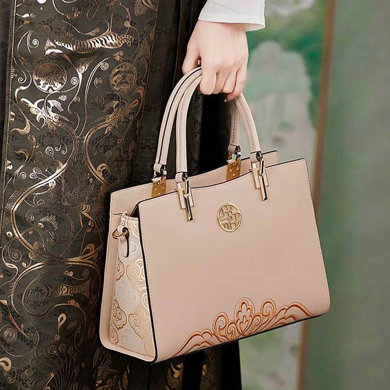 Embroidery Leather Crossbody Tote Bag Chinese Style Handbag - SinoCultural -- SC1709-D5