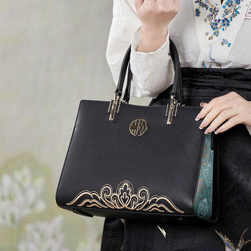 Embroidery Leather Crossbody Tote Bag Chinese Style Handbag - SinoCultural -- SC1709-D5