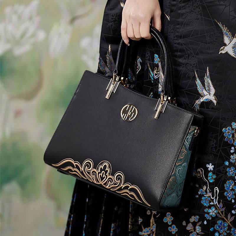 Embroidery Leather Crossbody Tote Bag Chinese Style Handbag - SinoCultural -- SC1709-D5