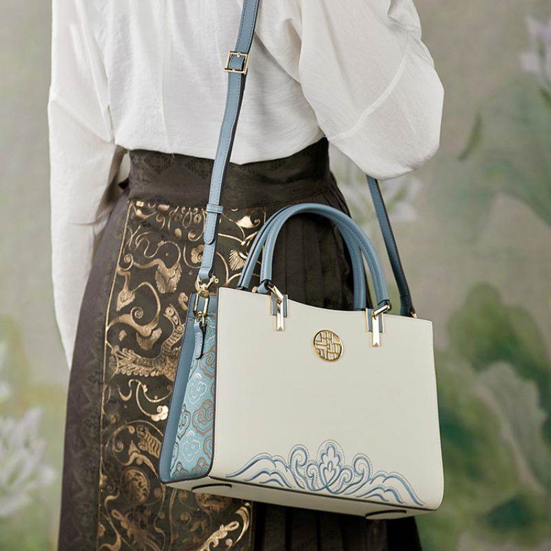 Embroidery Leather Crossbody Tote Bag Chinese Style Handbag - SinoCultural -- SC1709-D5