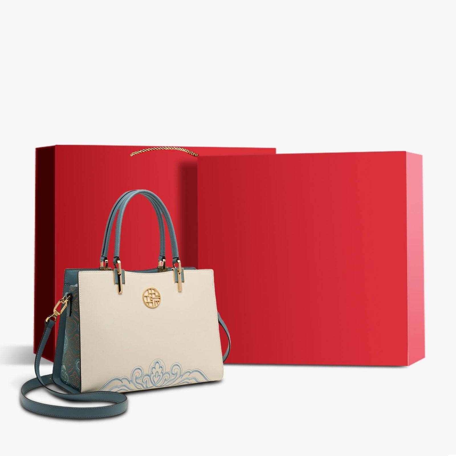 Embroidery Leather Crossbody Tote Bag Chinese Style Handbag - SinoCultural -- SC1709-D5