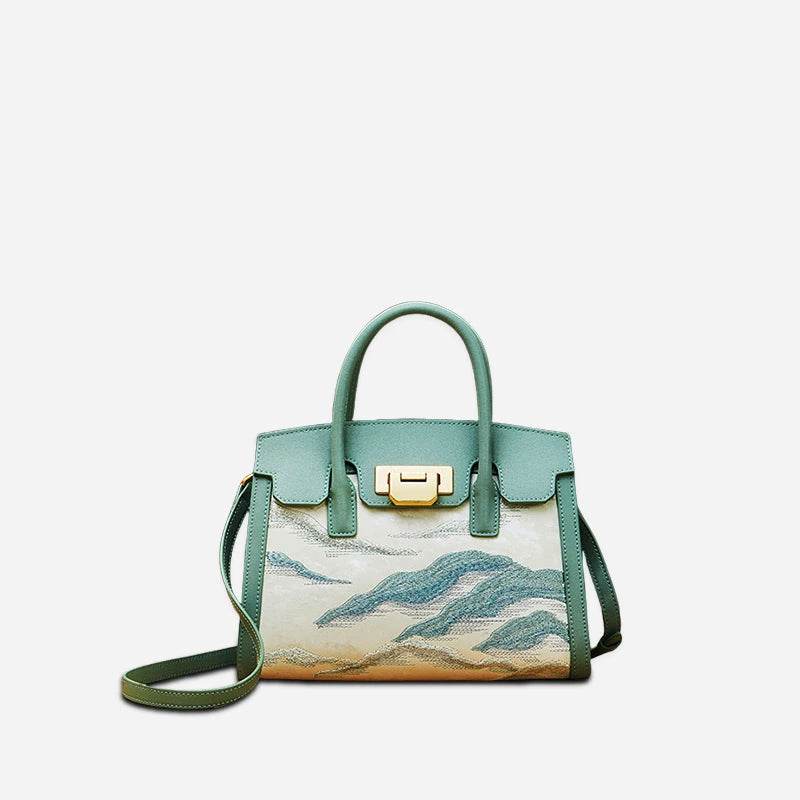 Embroidery Leather Elegant Birkin Handbag Cloud Mountain - SinoCultural -- P120659-1