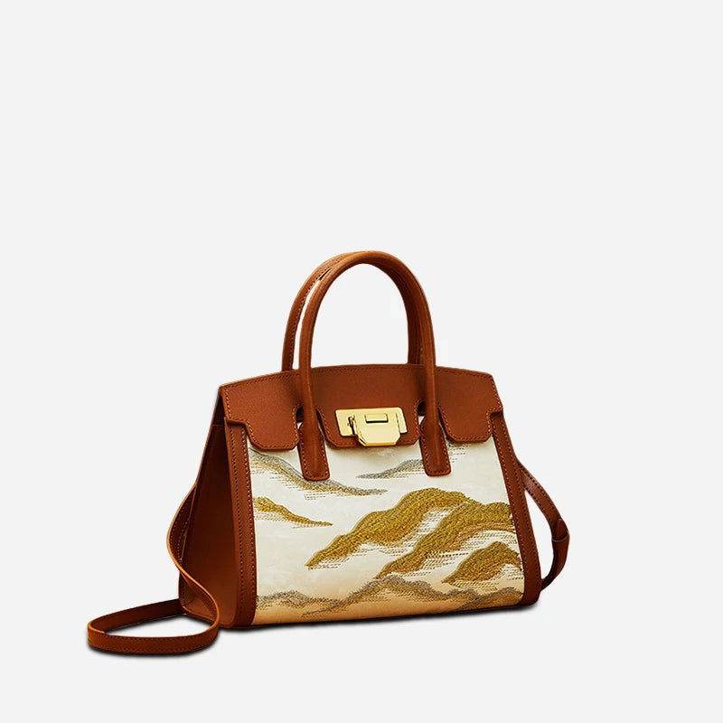 Embroidery Leather Elegant Birkin Handbag Cloud Mountain - SinoCultural -- P120659-1 -