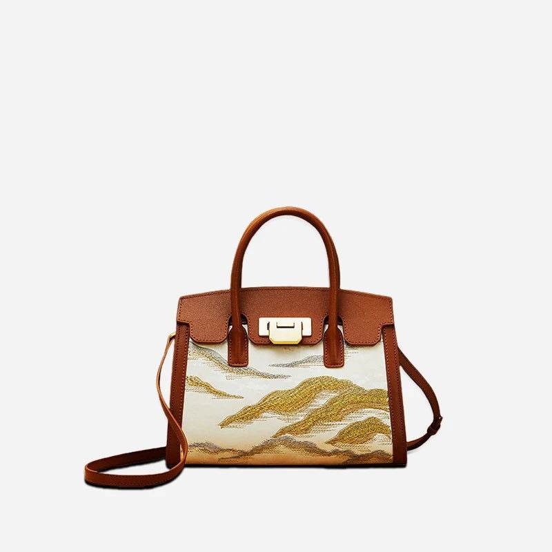Embroidery Leather Elegant Birkin Handbag Cloud Mountain - SinoCultural -- P120659-1