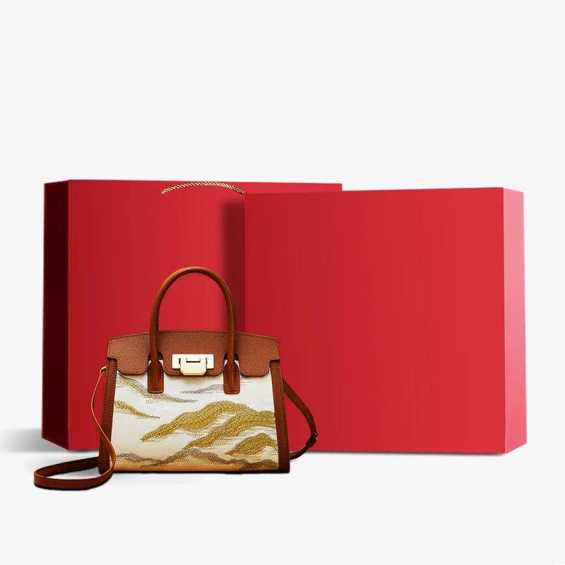 Embroidery Leather Elegant Birkin Handbag Cloud Mountain - SinoCultural -- P120659-1 -
