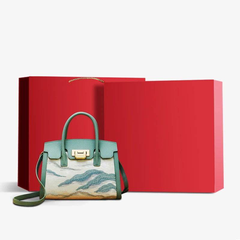 Embroidery Leather Elegant Birkin Handbag Cloud Mountain - SinoCultural -- P120659-1 -