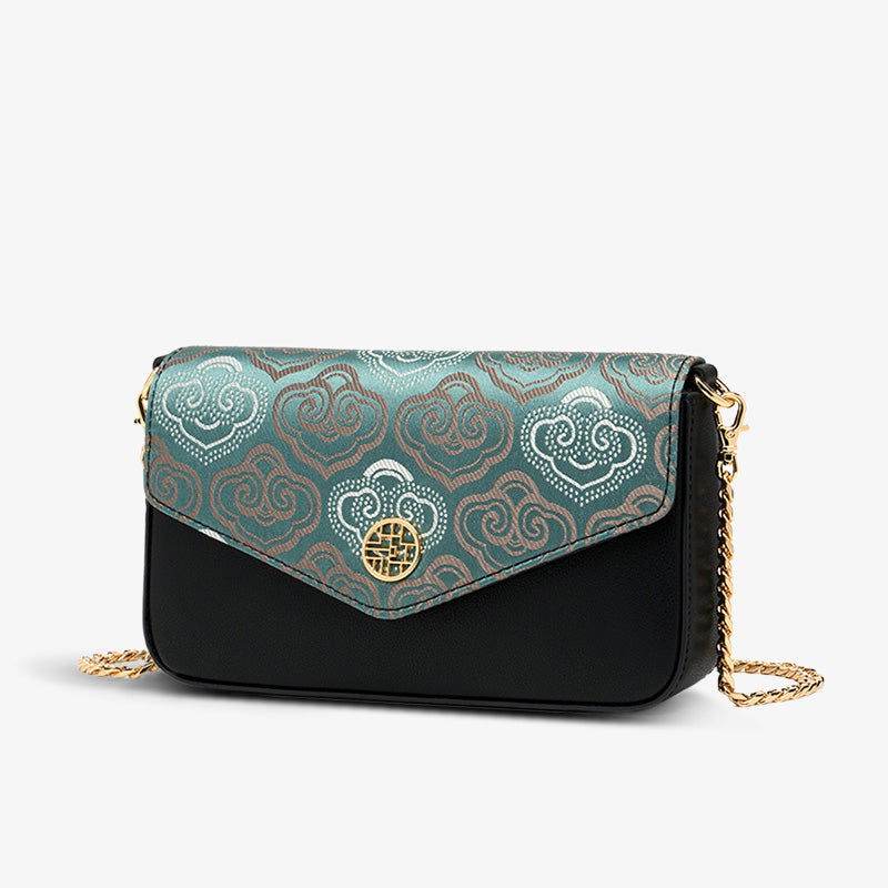 Embroidery Leather Flap Clutch Bag Auspicious Clouds Handbag - SinoCultural -- 1245251-5 -