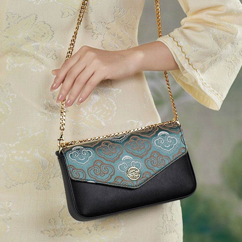 Embroidery Leather Flap Clutch Bag Auspicious Clouds Handbag - SinoCultural -- 1245251-5 -