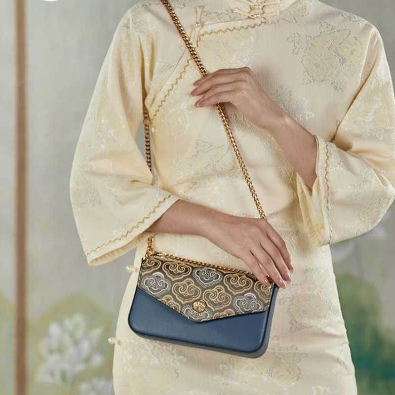 Embroidery Leather Flap Clutch Bag Auspicious Clouds Handbag - SinoCultural -- 1245251-5 -
