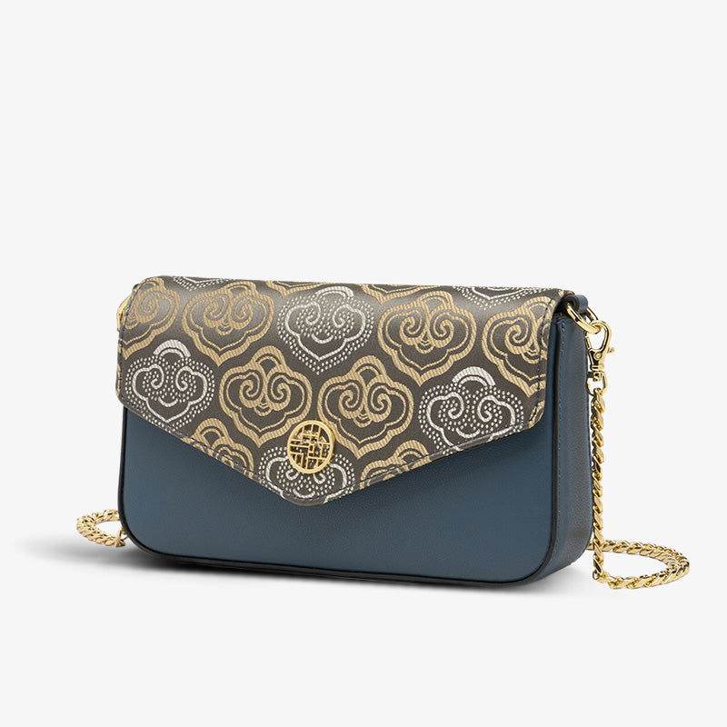 Embroidery Leather Flap Clutch Bag Auspicious Clouds Handbag - SinoCultural -- 1245251-5 -