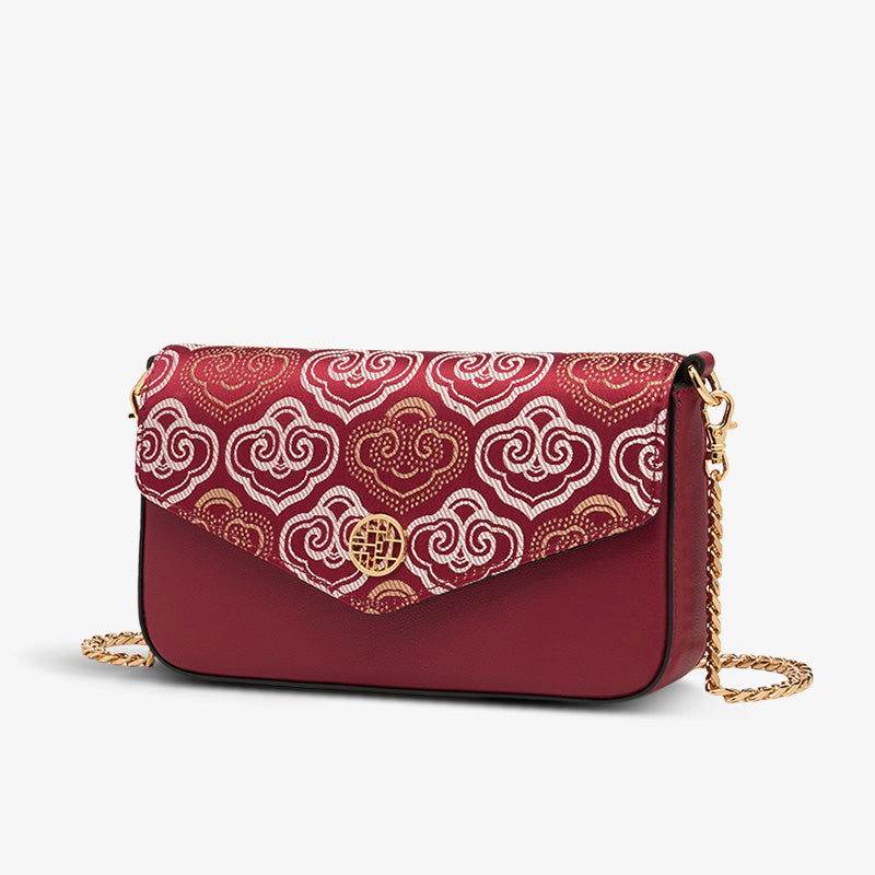 Embroidery Leather Flap Clutch Bag Auspicious Clouds Handbag - SinoCultural -- 1245251-5 -