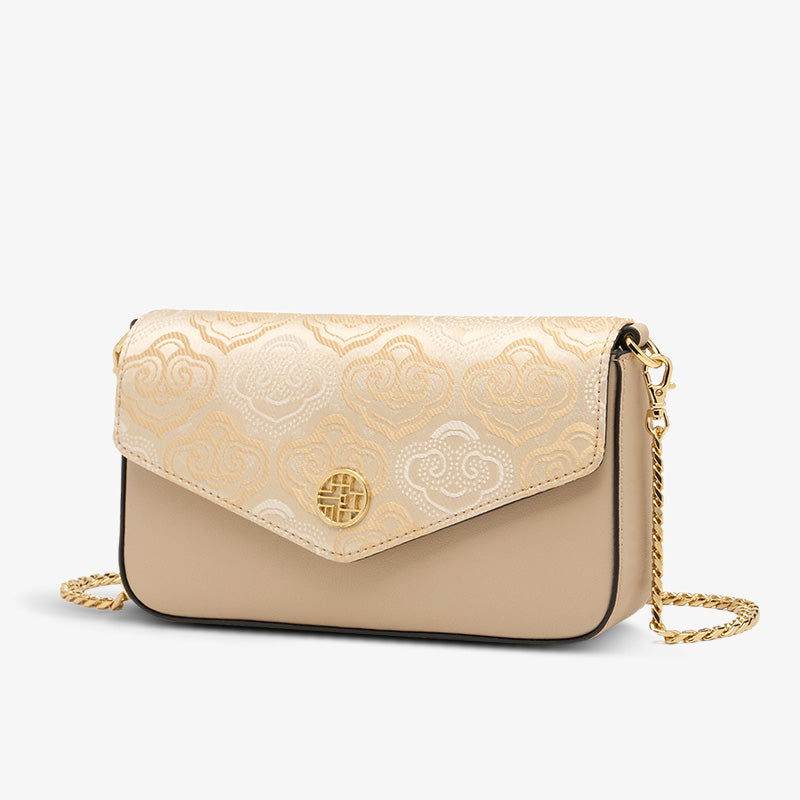 Embroidery Leather Flap Clutch Bag Auspicious Clouds Handbag - SinoCultural -- 1245251-5 -