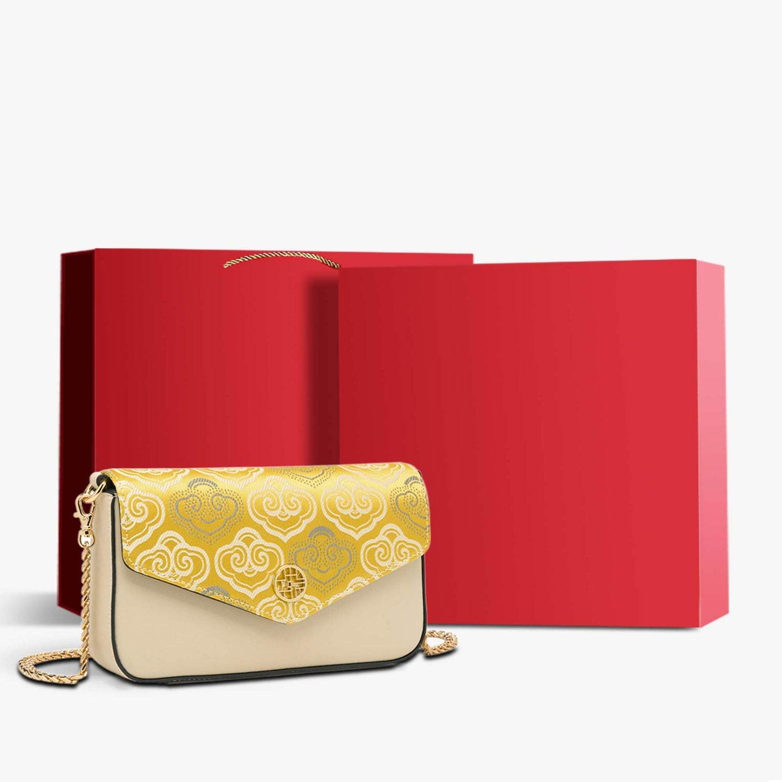 Embroidery Leather Flap Clutch Bag Auspicious Clouds Handbag - SinoCultural -- 1245251-5 -