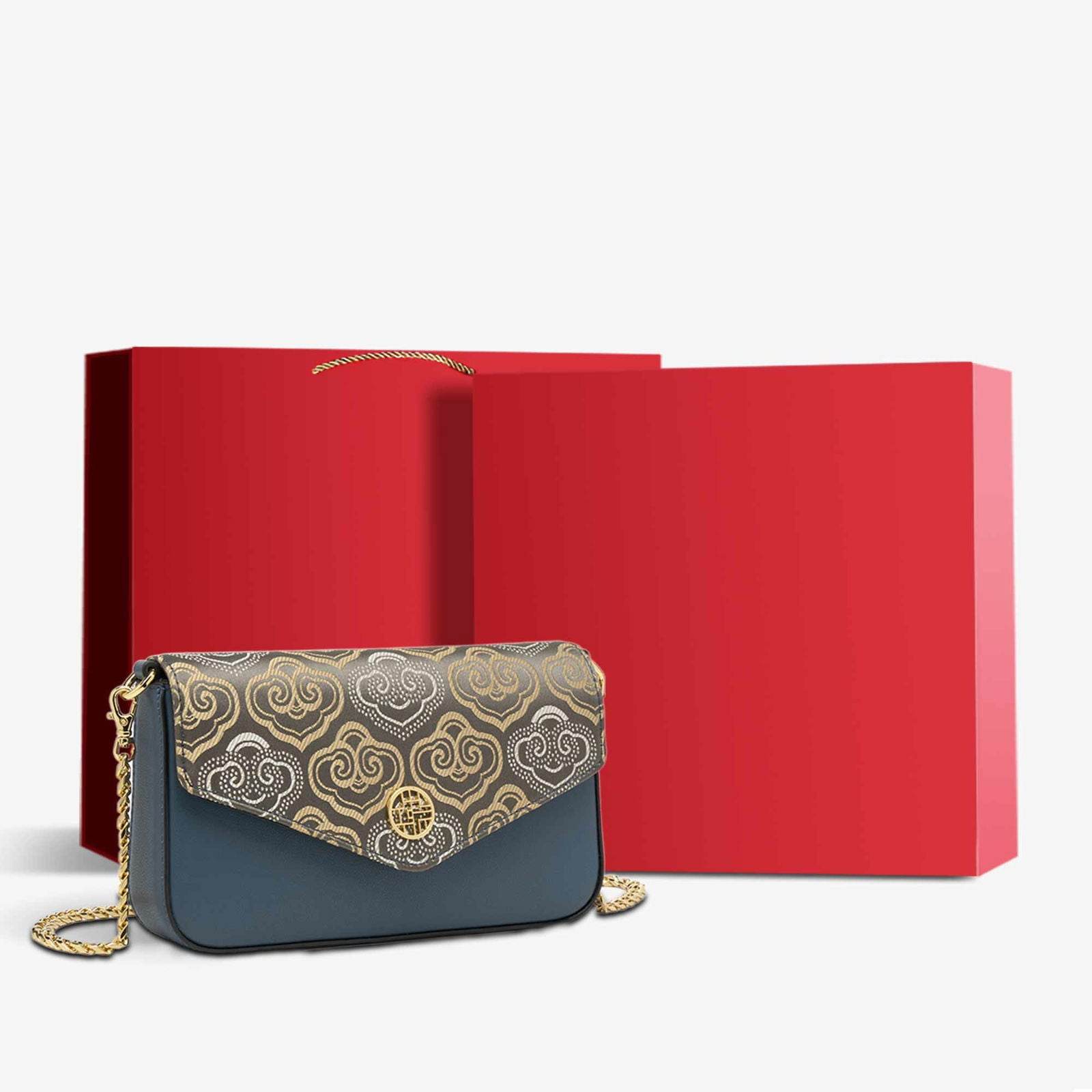 Embroidery Leather Flap Clutch Bag Auspicious Clouds Handbag - SinoCultural -- 1245251-5 -