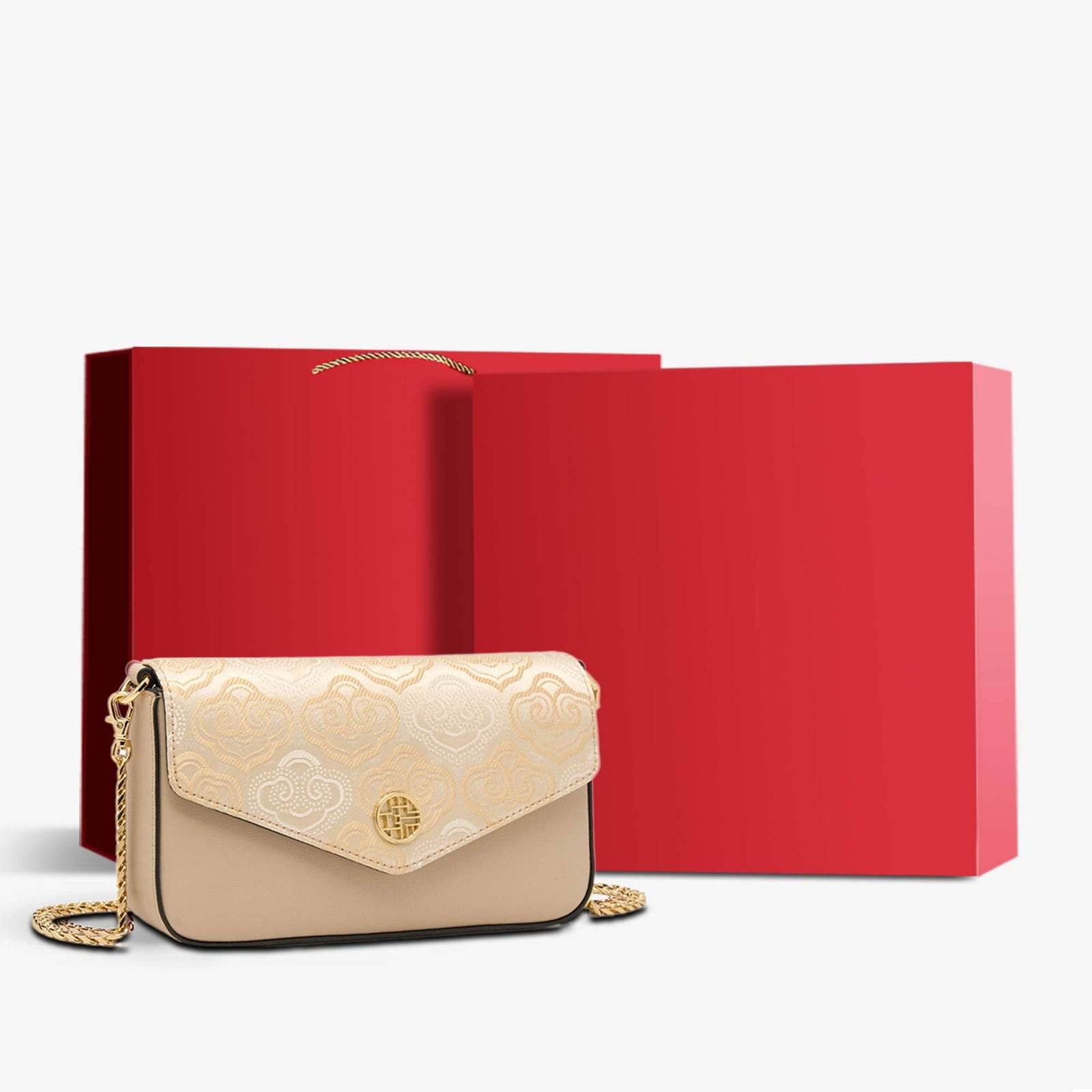 Embroidery Leather Flap Clutch Bag Auspicious Clouds Handbag - SinoCultural -- 1245251-5 -