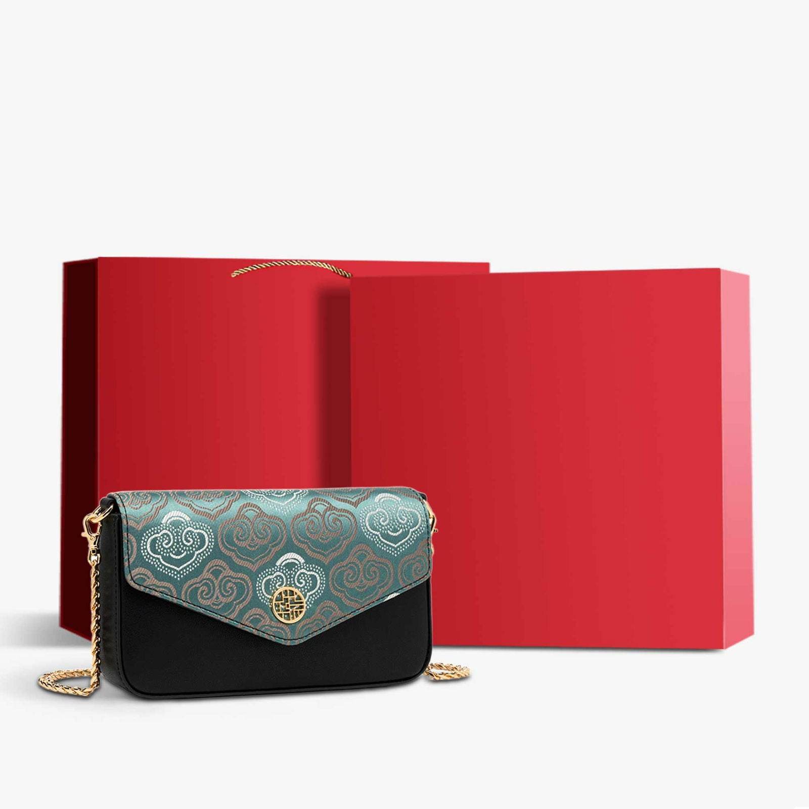 Embroidery Leather Flap Clutch Bag Auspicious Clouds Handbag - SinoCultural -- 1245251-5 -